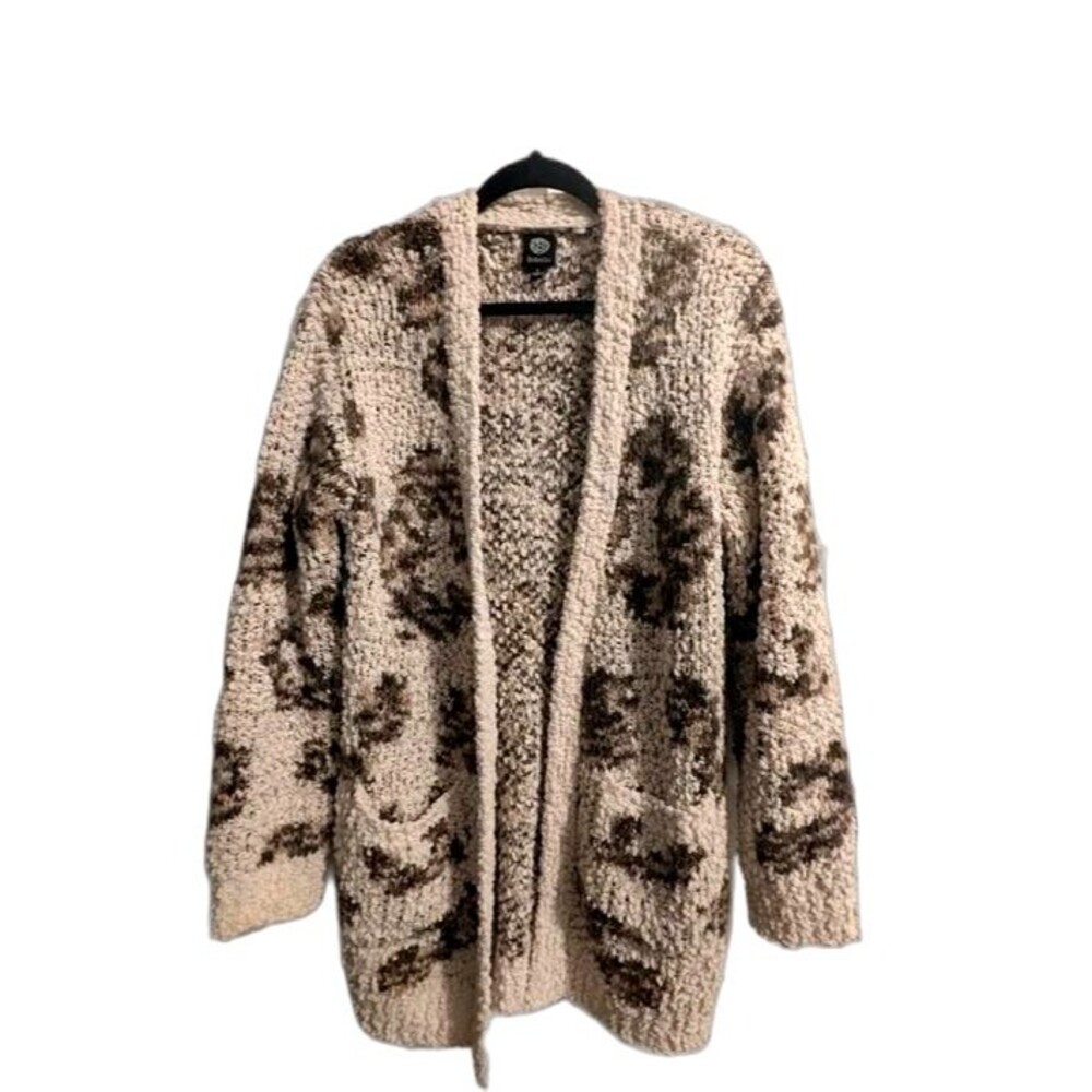 Bobeau cream animal print popcorn knit cardigan S